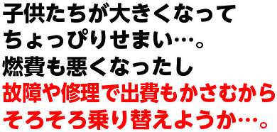 子供たちが大きくなってちょっぴりせまい…。燃費も悪くなったし故障や修理で出費もかさむからそろそろ乗り替えようか…。