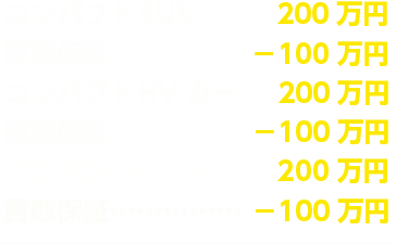 コンパクトSUV 200万円 買取保証 −100万円 コンパクトHVカー 200万円 買取保証 −100万円 ミニバン 200万円 買取保証 −100万円