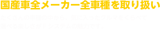 国産車全メーカー全車種を取り扱い たくさんの車種の中から、気に入ったクルマをくらべて選べる楽しさがFシステムの魅力です。