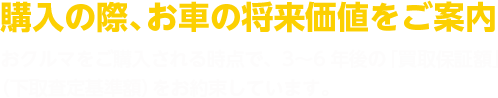 購入の際、お車の将来価値をご案内 おクルマをご購入される時点で、3〜6年後の「買取保証額」（下取査定基準額）をお約束しています。
